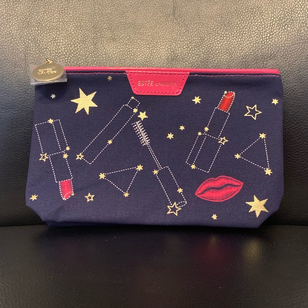 💄🌟3/$15 Estee Lauder Navy Blue Pink Cosmetic Bag - Picture 2 of 5